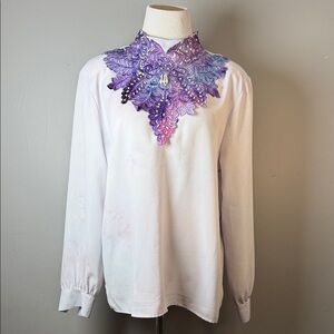 Women's White Top with Purple Beaded Appliqué Collar